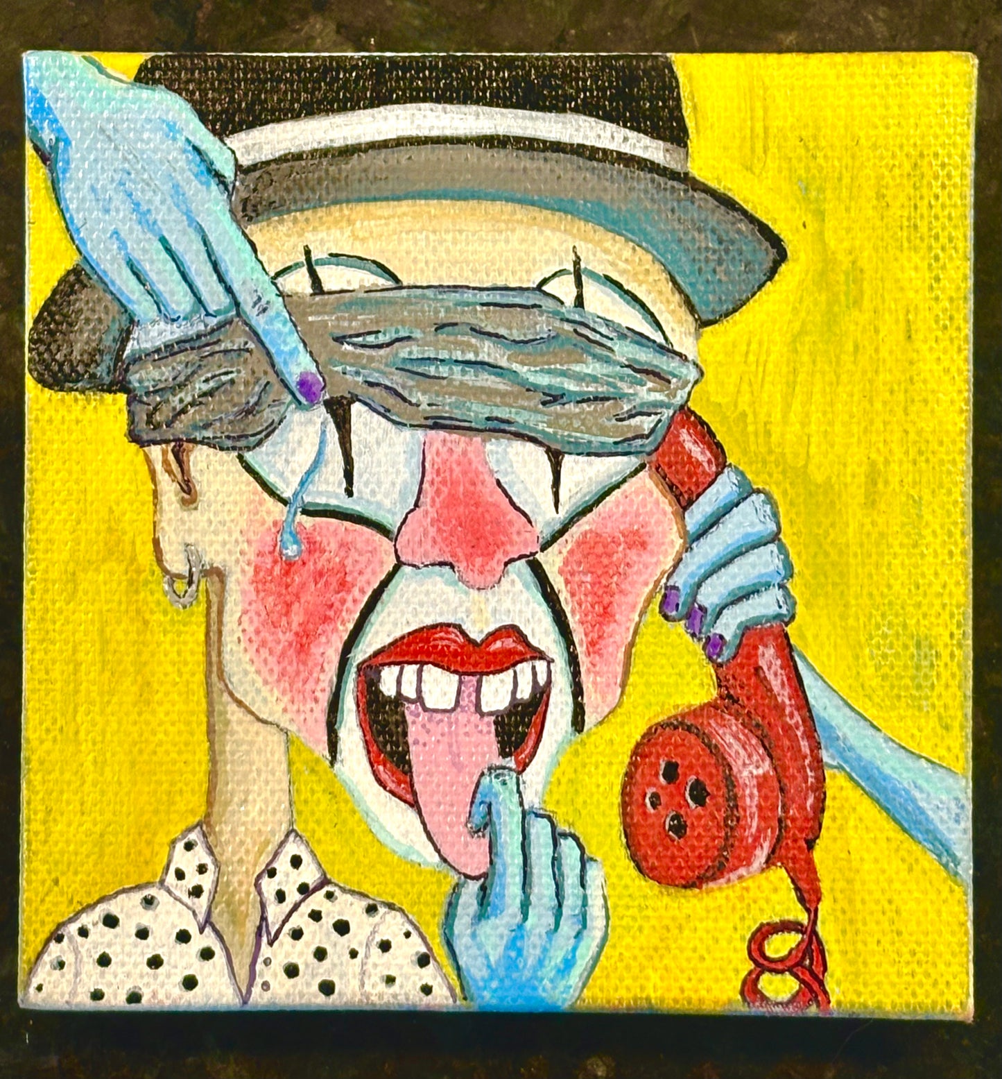 "Hold the Line" Original Vibrant Conceptual Painting with Pen 4x4in