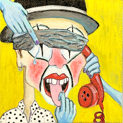 "Hold the Line" Original Vibrant Conceptual Painting with Pen 4x4in